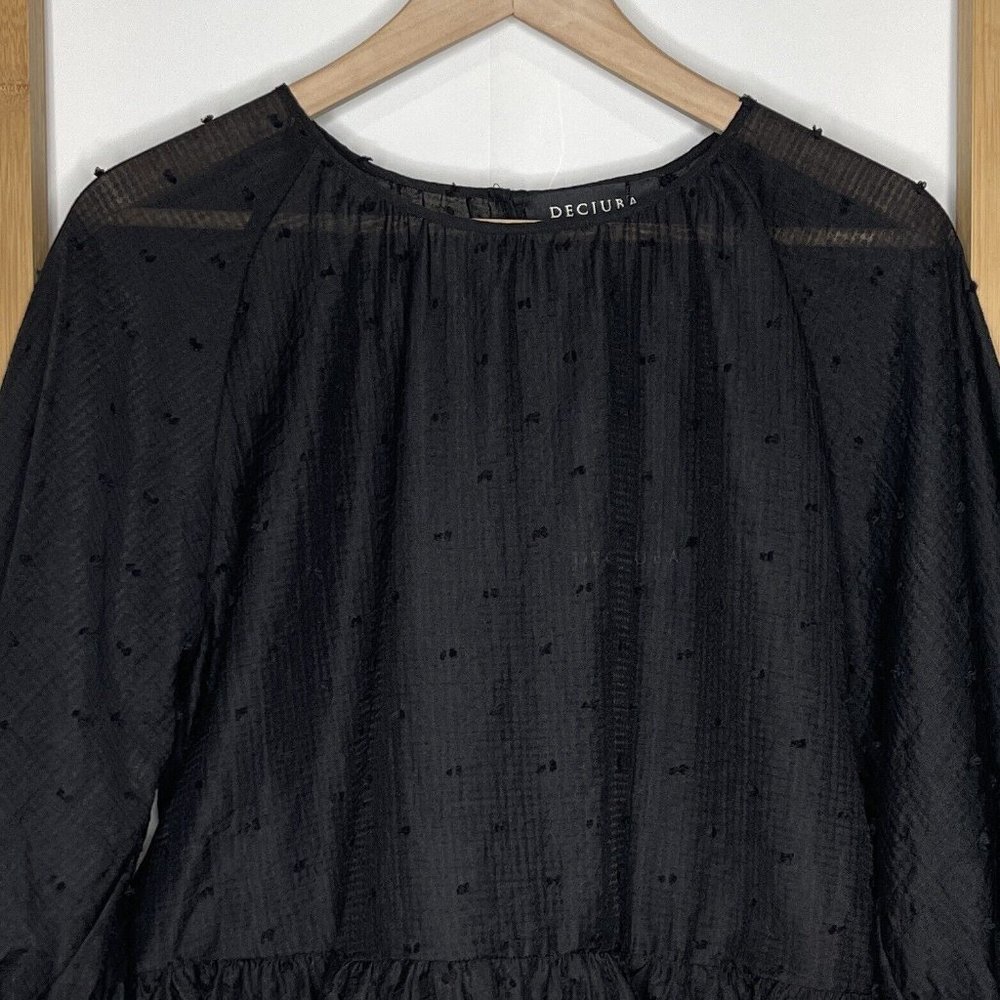 NWT Decjuba Black Harper Puff Sleeve Top Blouse Size S Cotton Blend Sheer Dobby - Picture 3 of 9